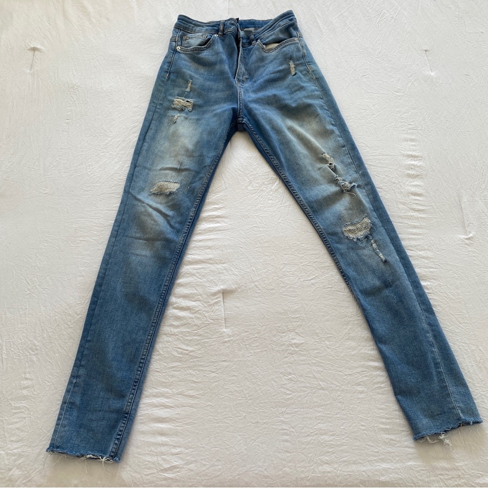H&M divided blue distressed ripped straight stretch high waist jeans women’s 8